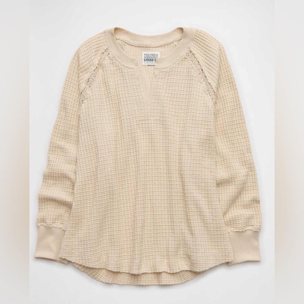 AE Big women’s Hug Notch Neck Waffle Sweatshirt color Latte size S